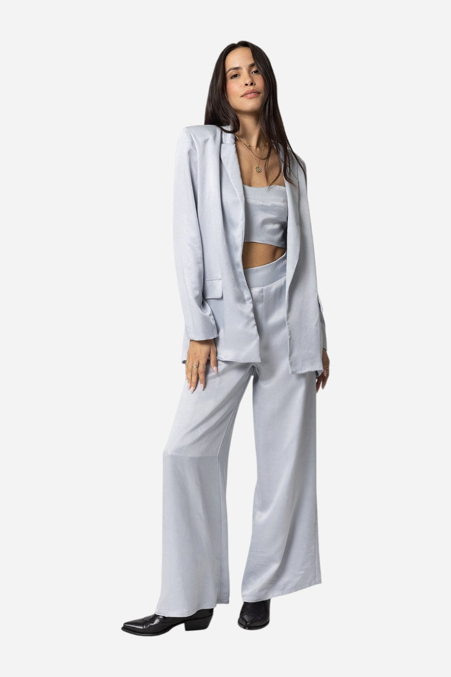 Stillwater Cupro Silky Blazer in Silver – front view