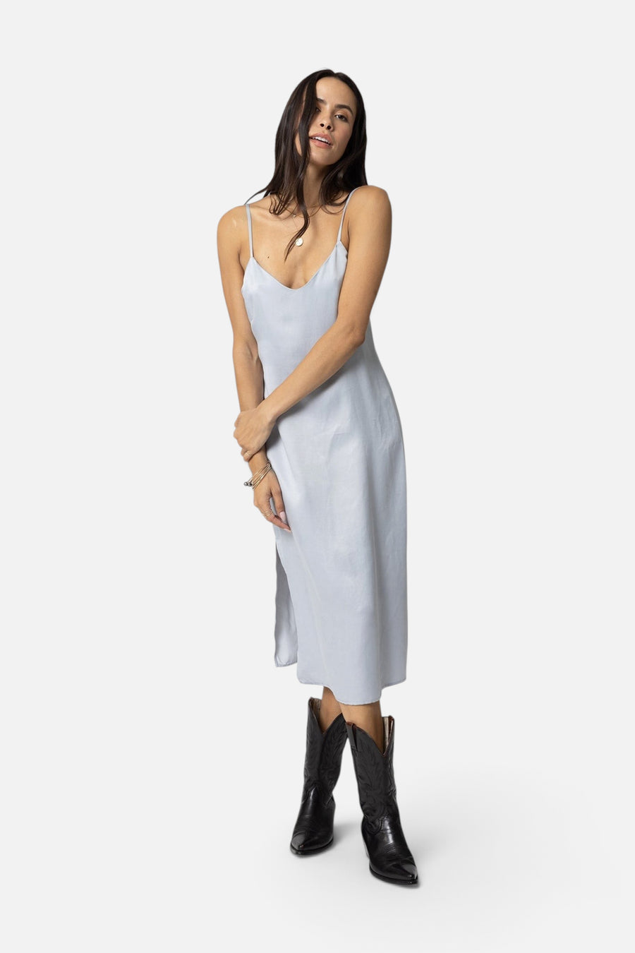 Stillwater Cupro Silky Slip Midi Dress in Silver – back view