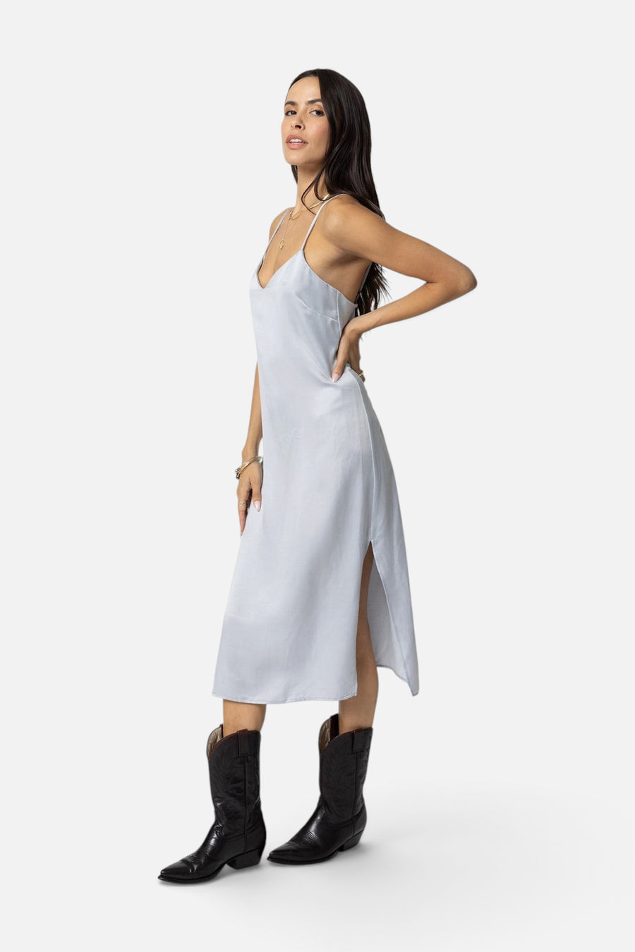 Stillwater Cupro Silky Slip Midi Dress in Silver – detail