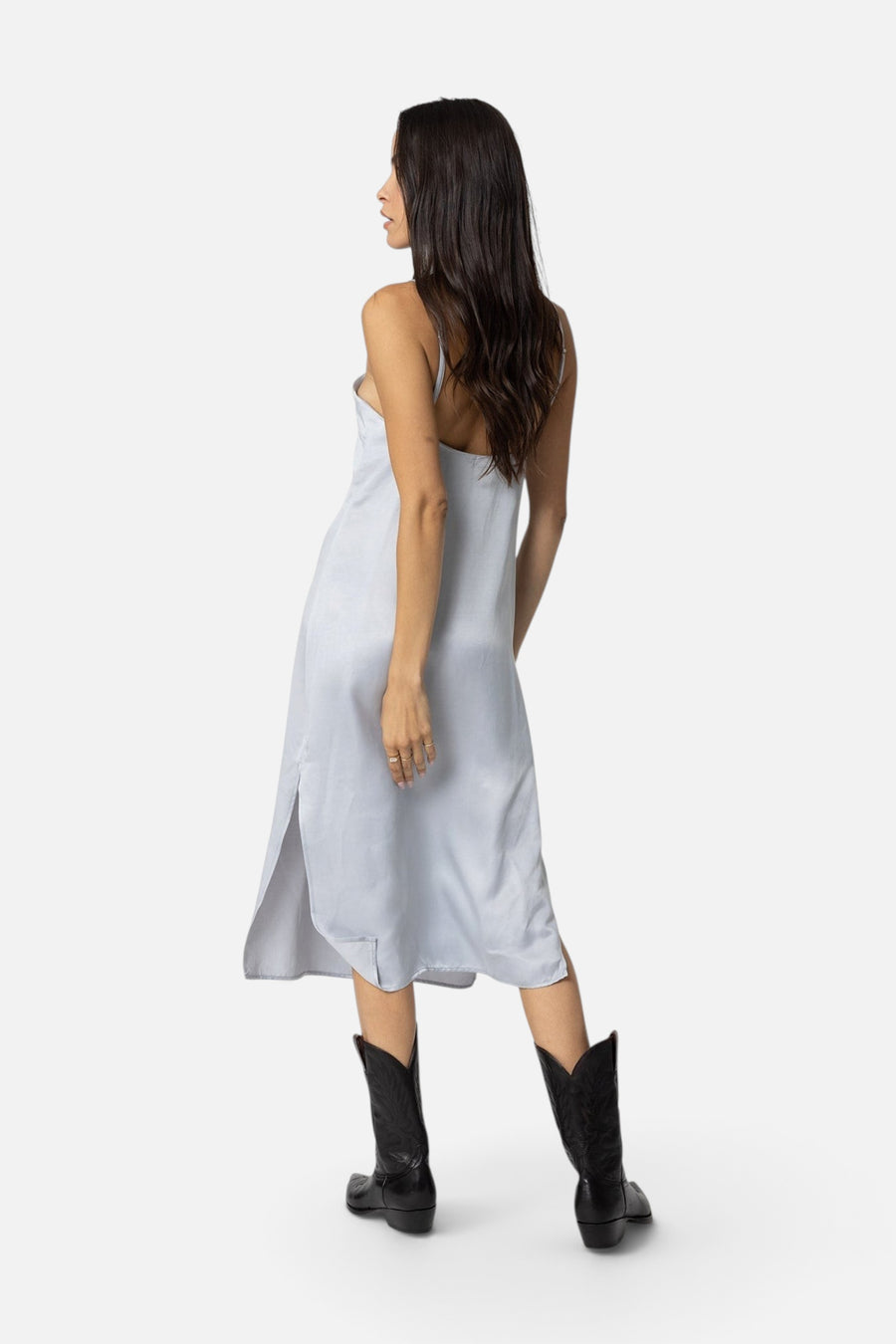 Stillwater Cupro Silky Slip Midi Dress in Silver – flat lay