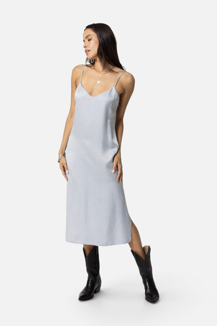 Stillwater Cupro Silky Slip Midi Dress in Silver – side view