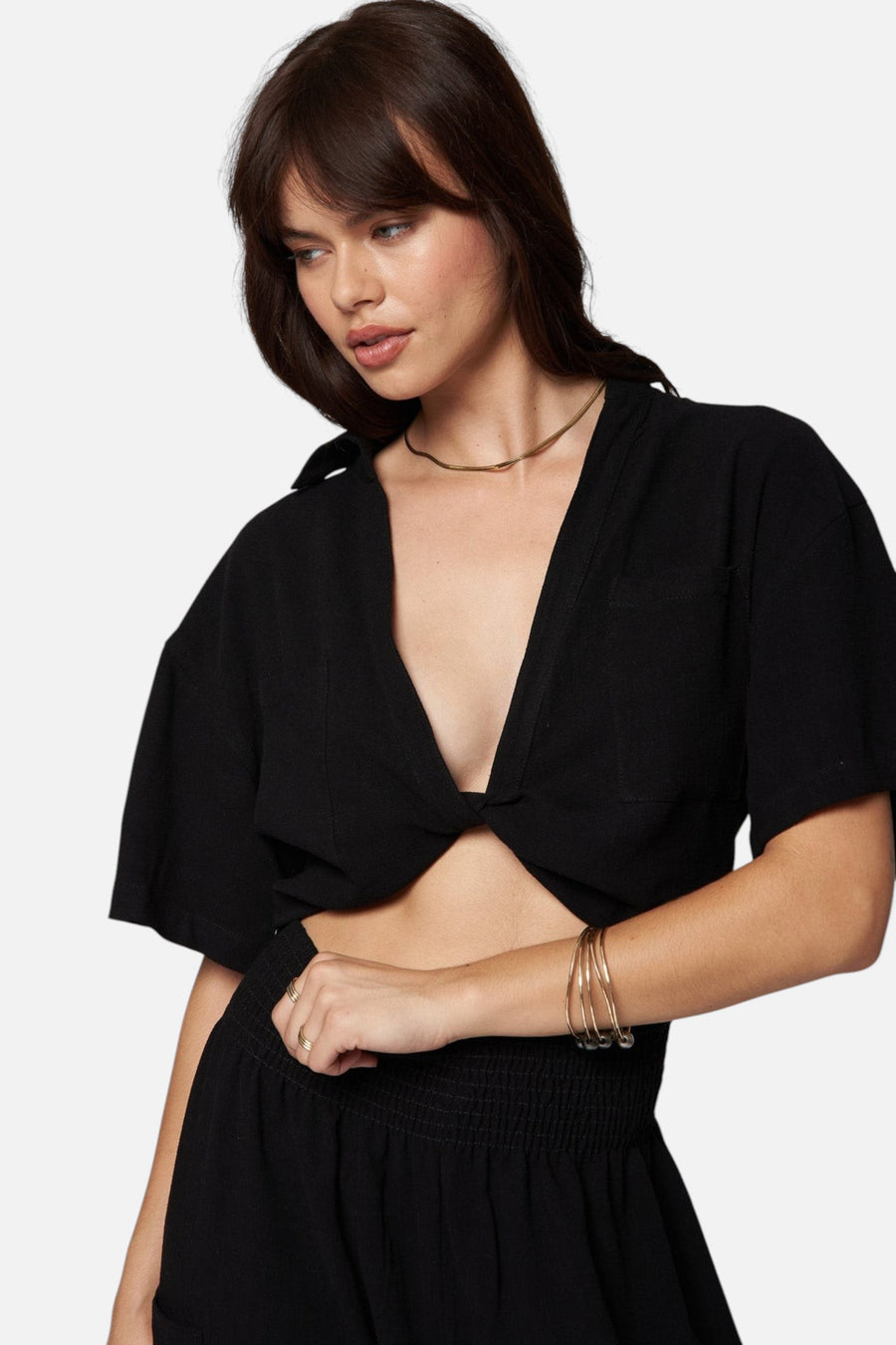 Stillwater Knot Front Short Sleeve Shirt in Black – back view