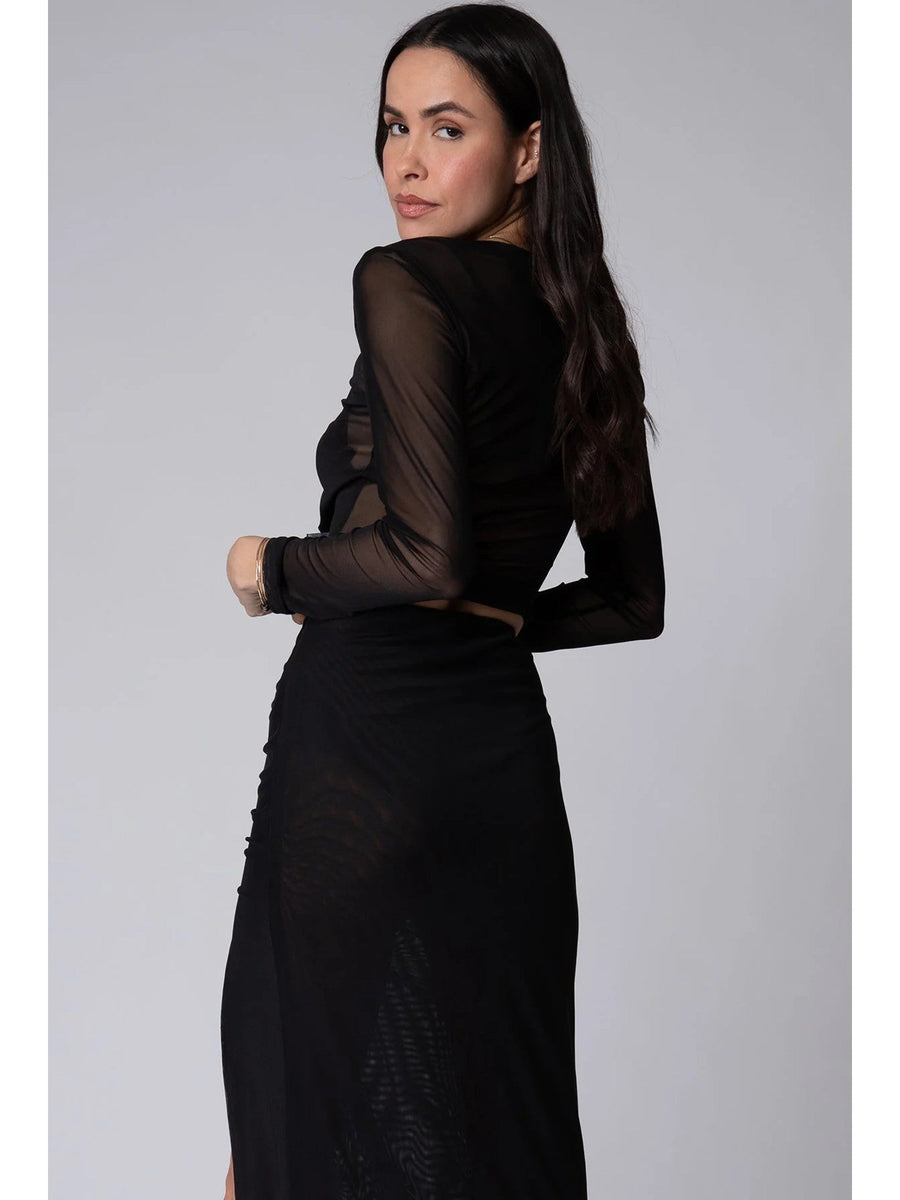 Stillwater Mesh Slim Crop Top Tee Long Sleeve in Black – back view