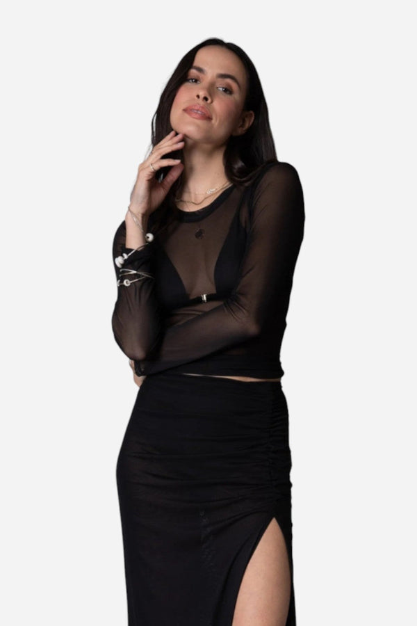 Stillwater Mesh Slim Crop Top Tee Long Sleeve in Black