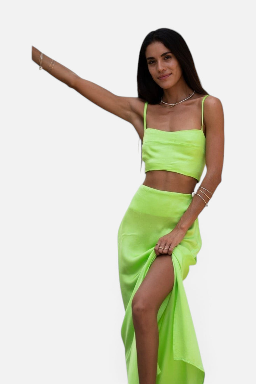 Stillwater Silky Le Bra Crop Top in Lime – flat lay