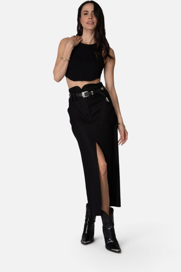 Stillwater Stretch Linen Cargo Knotch Waist Maxi Skirt in Black