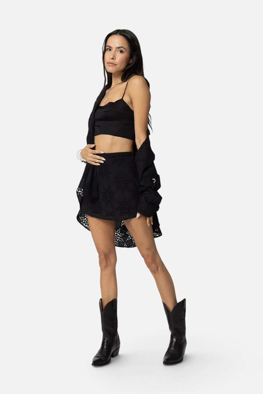 Stillwater The Eyelit Slip Mini Skirt in Black – back view