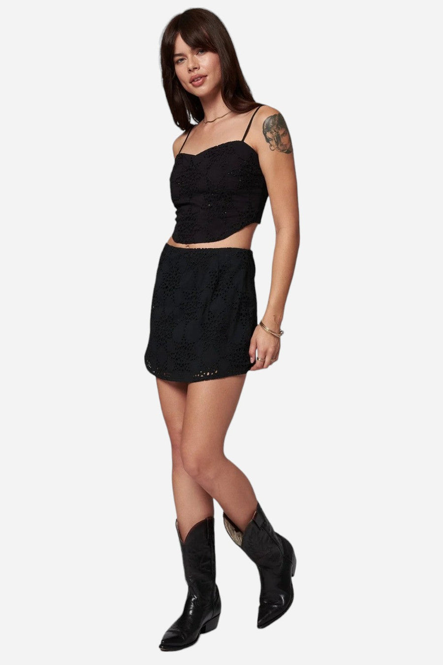 Stillwater The Eyelit Slip Mini Skirt in Black – front view