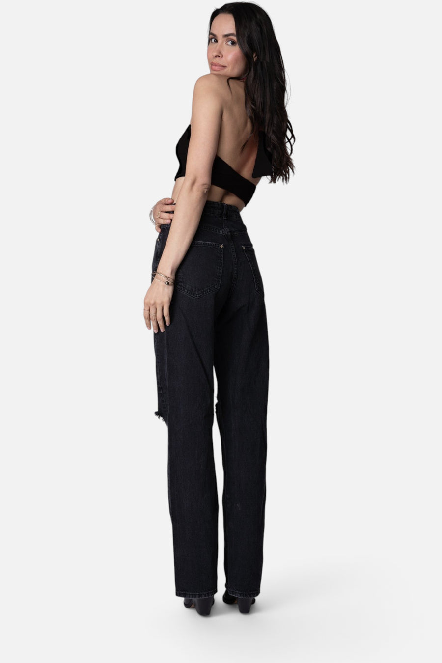 Stillwater Wide Rib Halter Top in Black – back view