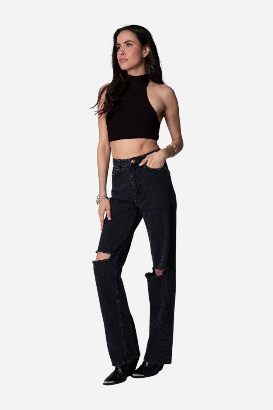 Stillwater Wide Rib Halter Top in Black – front view