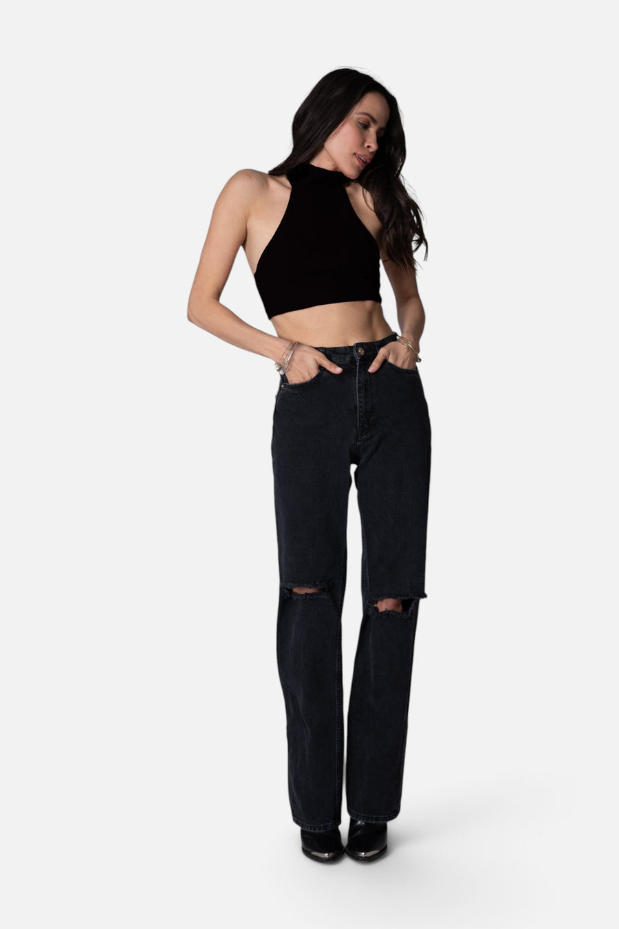 Stillwater Wide Rib Halter Top in Black – side view