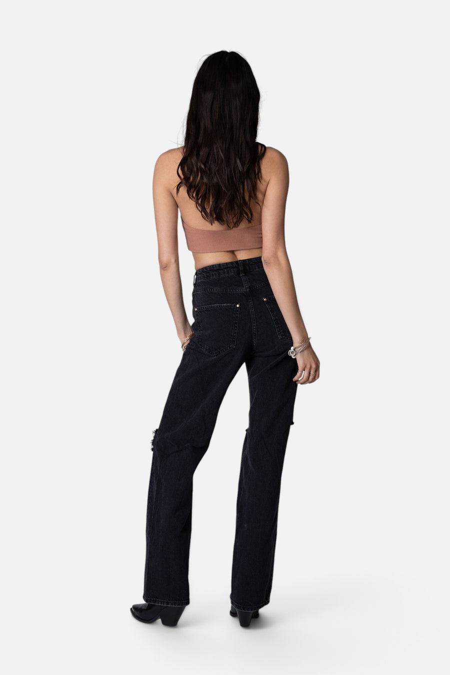 Stillwater Wide Rib Halter Top in Camel – back view