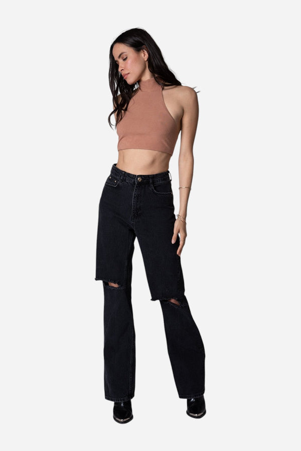Stillwater Wide Rib Halter Top in Camel