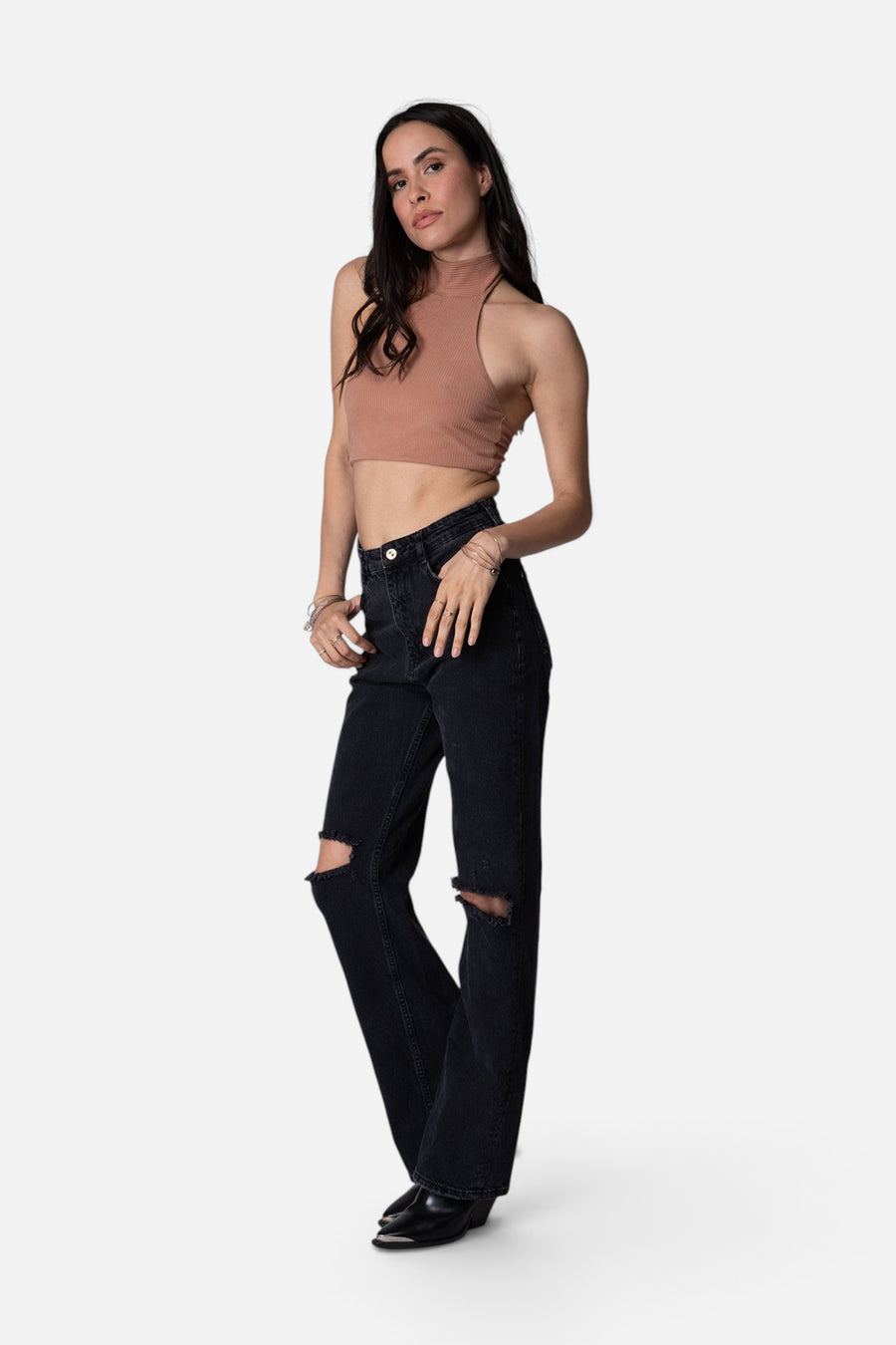 Stillwater Wide Rib Halter Top in Camel – side view