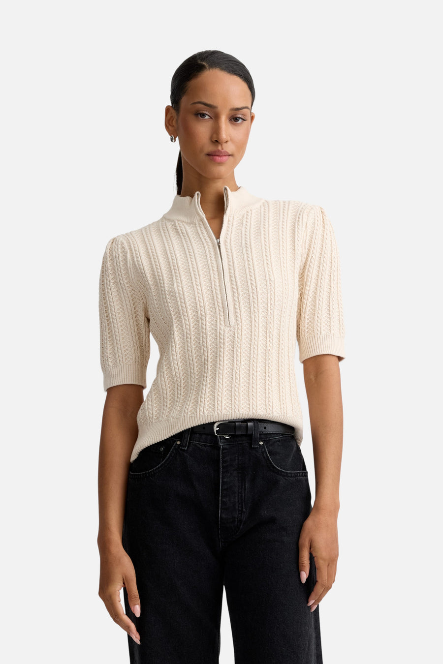 Stitches + Stripes Audrey Half Zip Top in Cream – front view