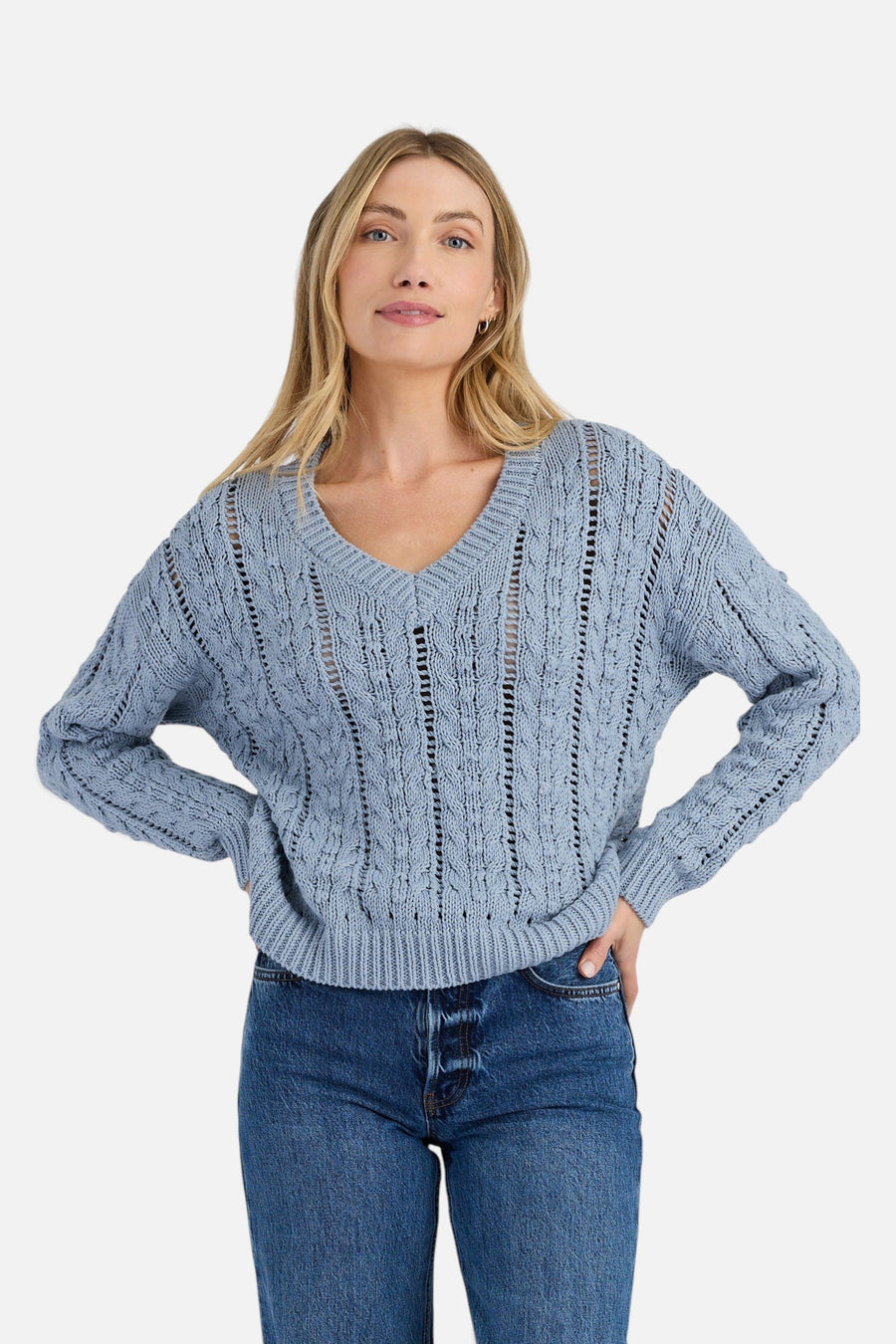 Stitches + Stripes Cal V-Neck Pullover in Storm – on model