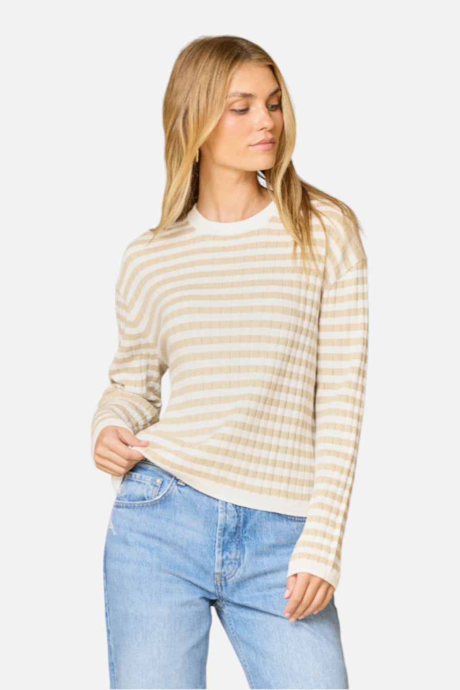 Stitches + Stripes Libby Pullover in Chalk Combo – on model