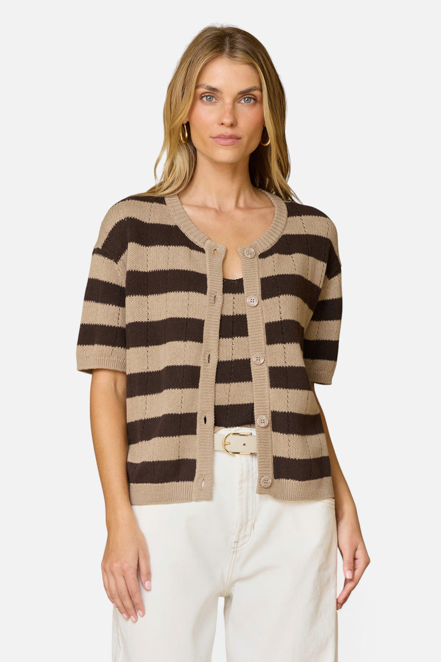 Stitches + Stripes Mercedes Cardigan in Machiatto Combo – front view