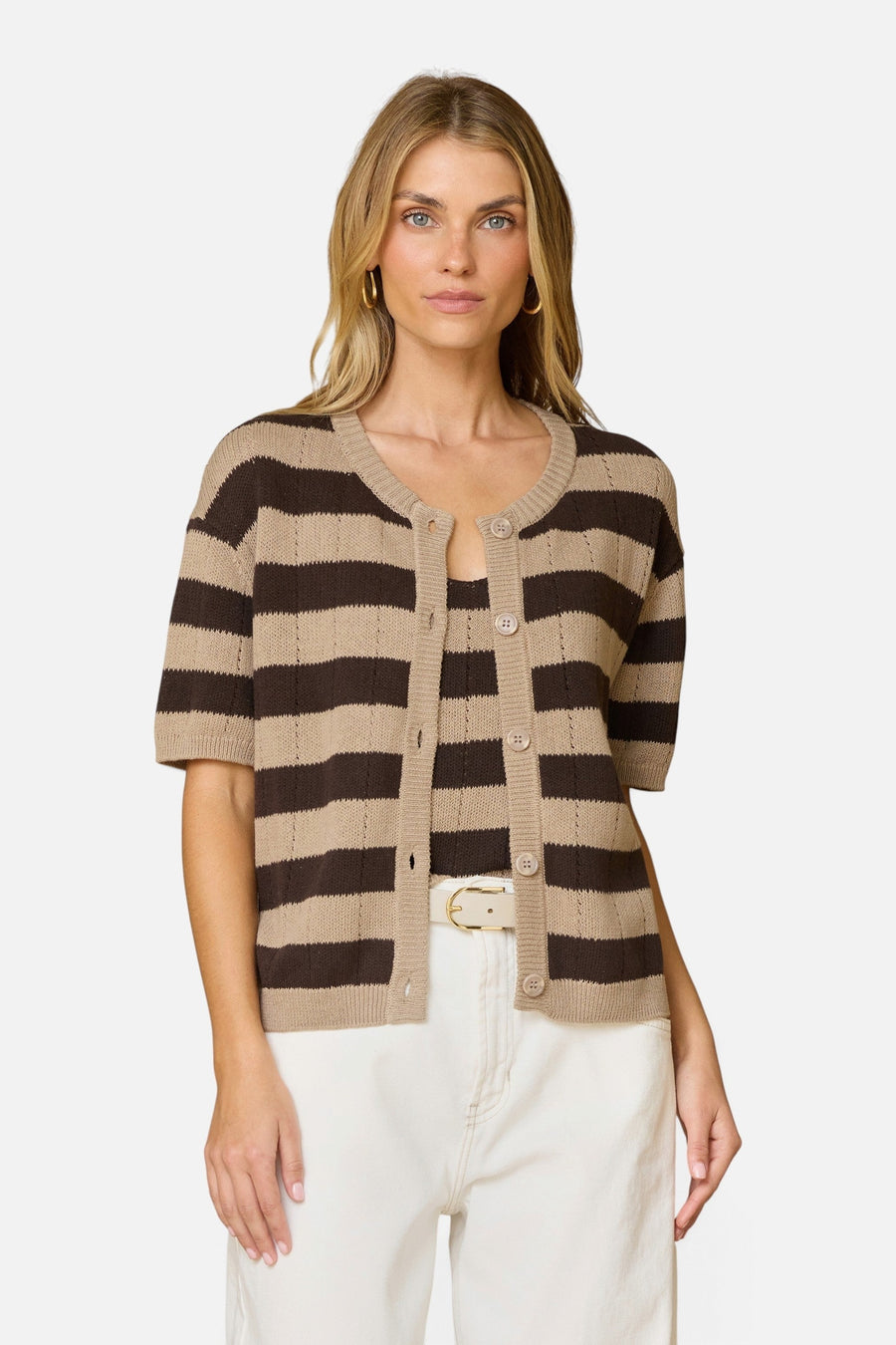 Stitches + Stripes Mercedes Cardigan in Machiatto Combo – on model
