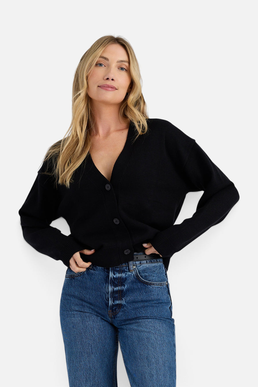 Stitches + Stripes Olive Cardigan in Black – front view