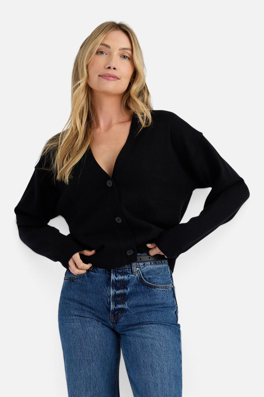 Stitches + Stripes Olive Cardigan in Black – on model