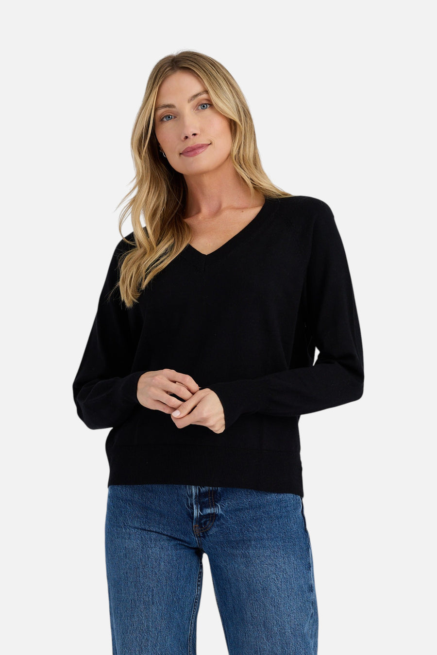 Stitches + Stripes Otis V-Neck Sweater in Black – front view