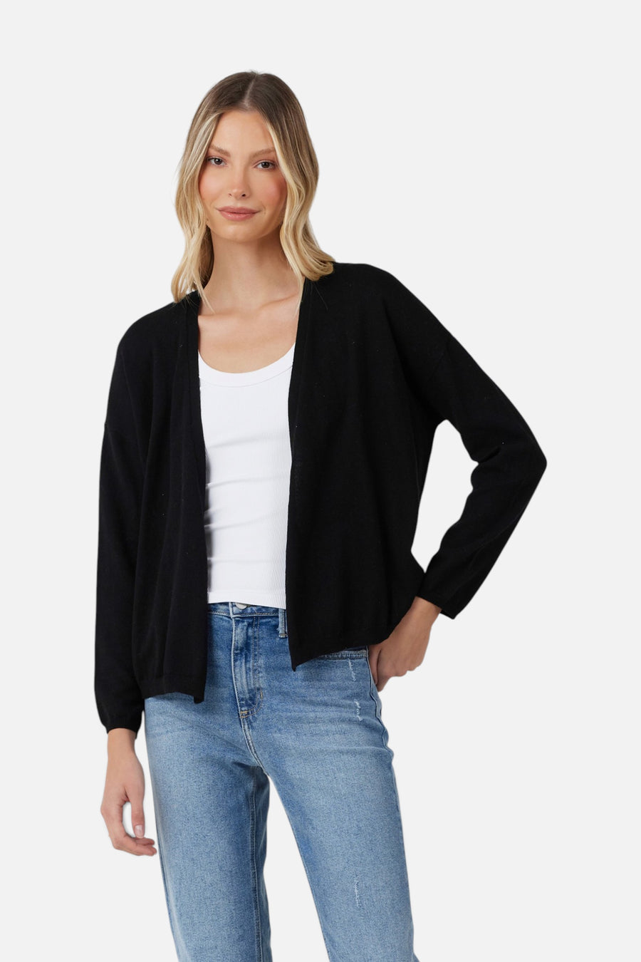 Stitches + Stripes Palmer Open Cardigan in Black – front view