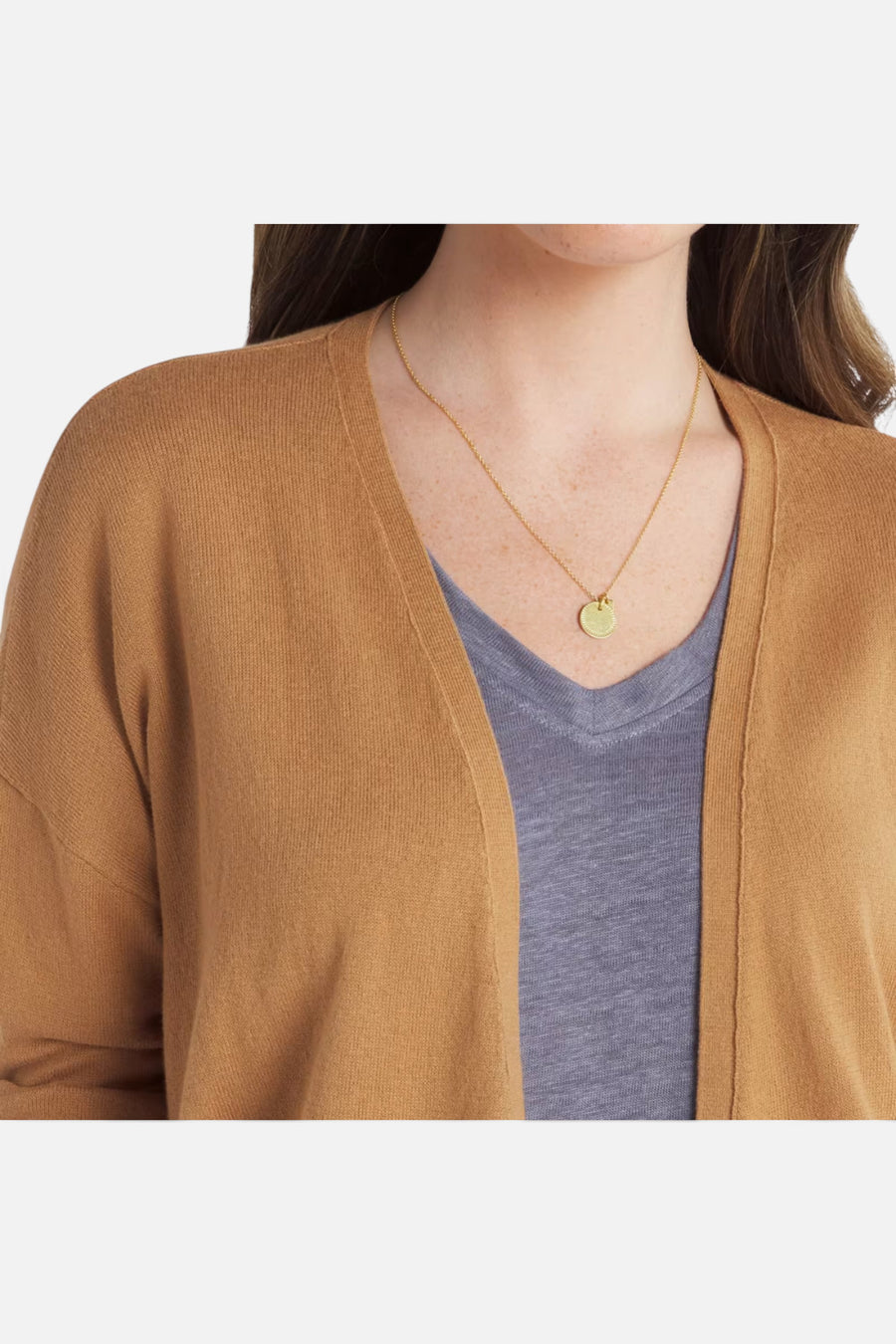 Stitches + Stripes Palmer Open Cardigan in Camel – detail
