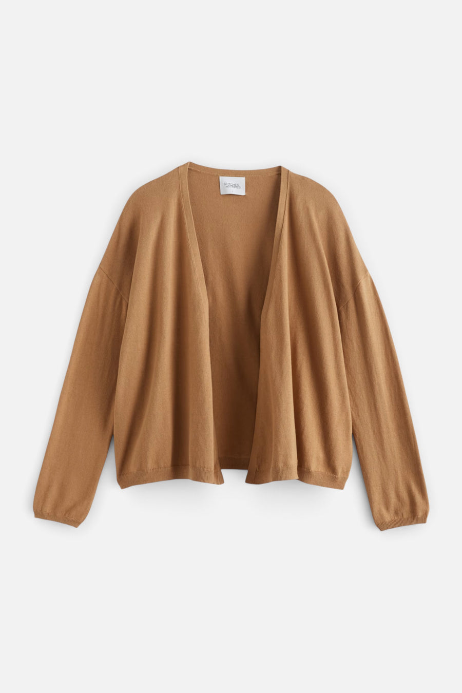 Stitches + Stripes Palmer Open Cardigan in Camel – flat lay