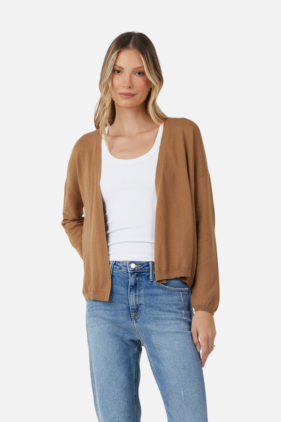 Stitches + Stripes Palmer Open Cardigan in Camel – front view