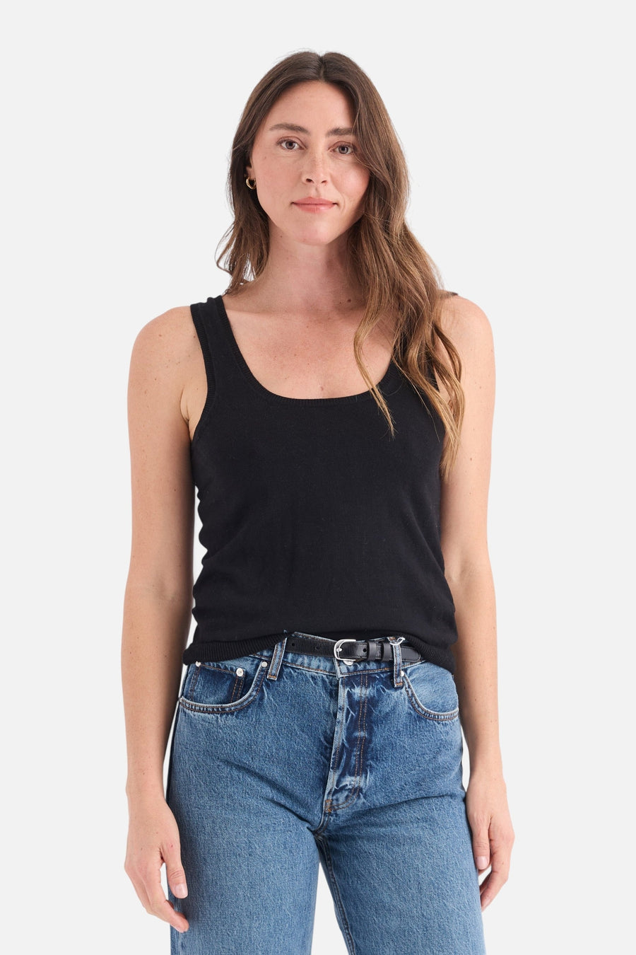 Stitches + Stripes Palmer Tank in Black – on model