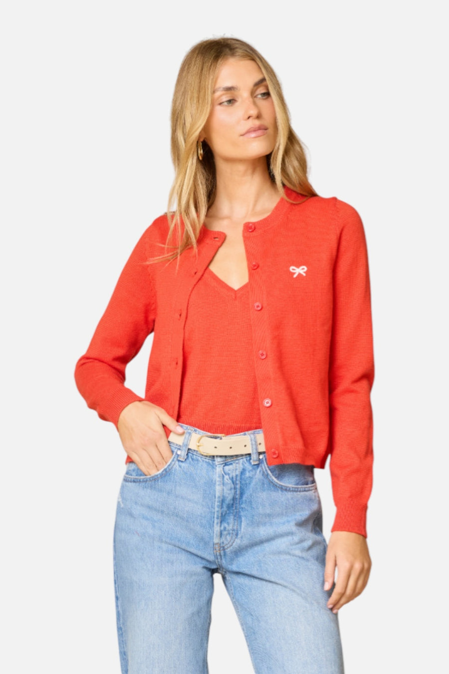 Stitches + Stripes Racine Cardigan in Picante Combo – on model