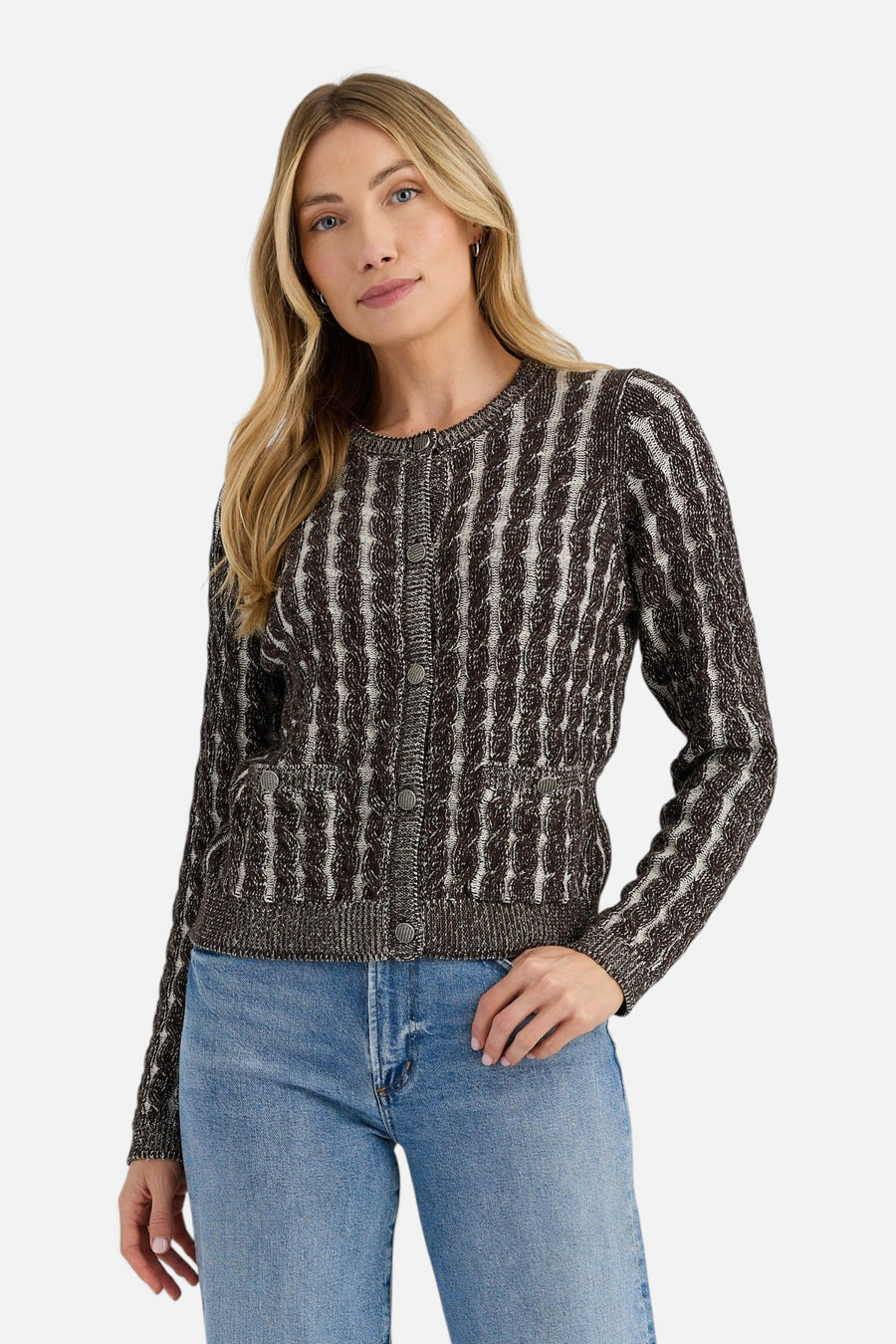 Stitches + Stripes Rossi Cardigan in Carob Combo – on model