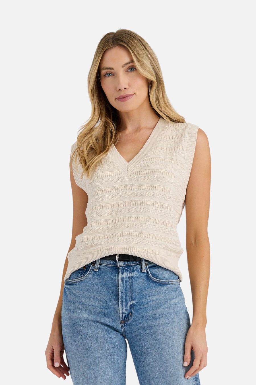Stitches + Stripes Shea Vest in Cream – front view