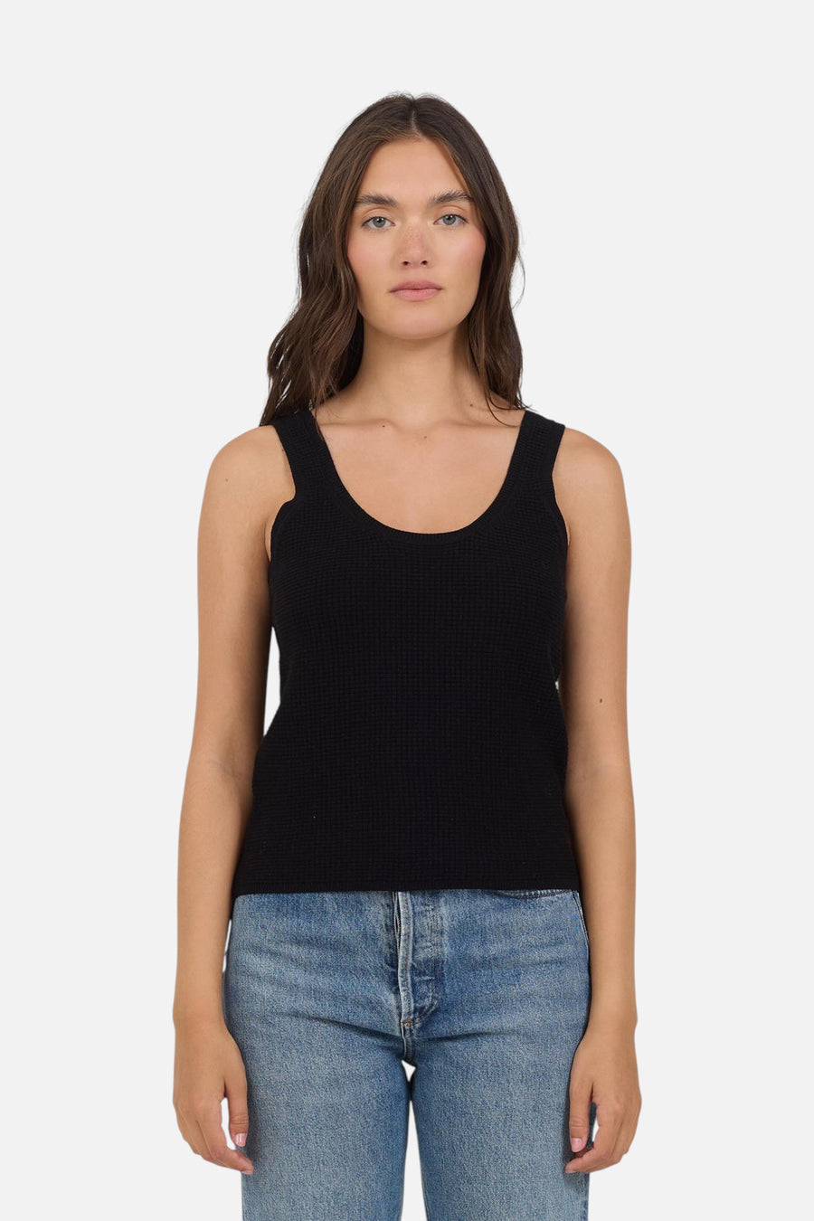 Stitches + Stripes Turner Tank in Black – front view