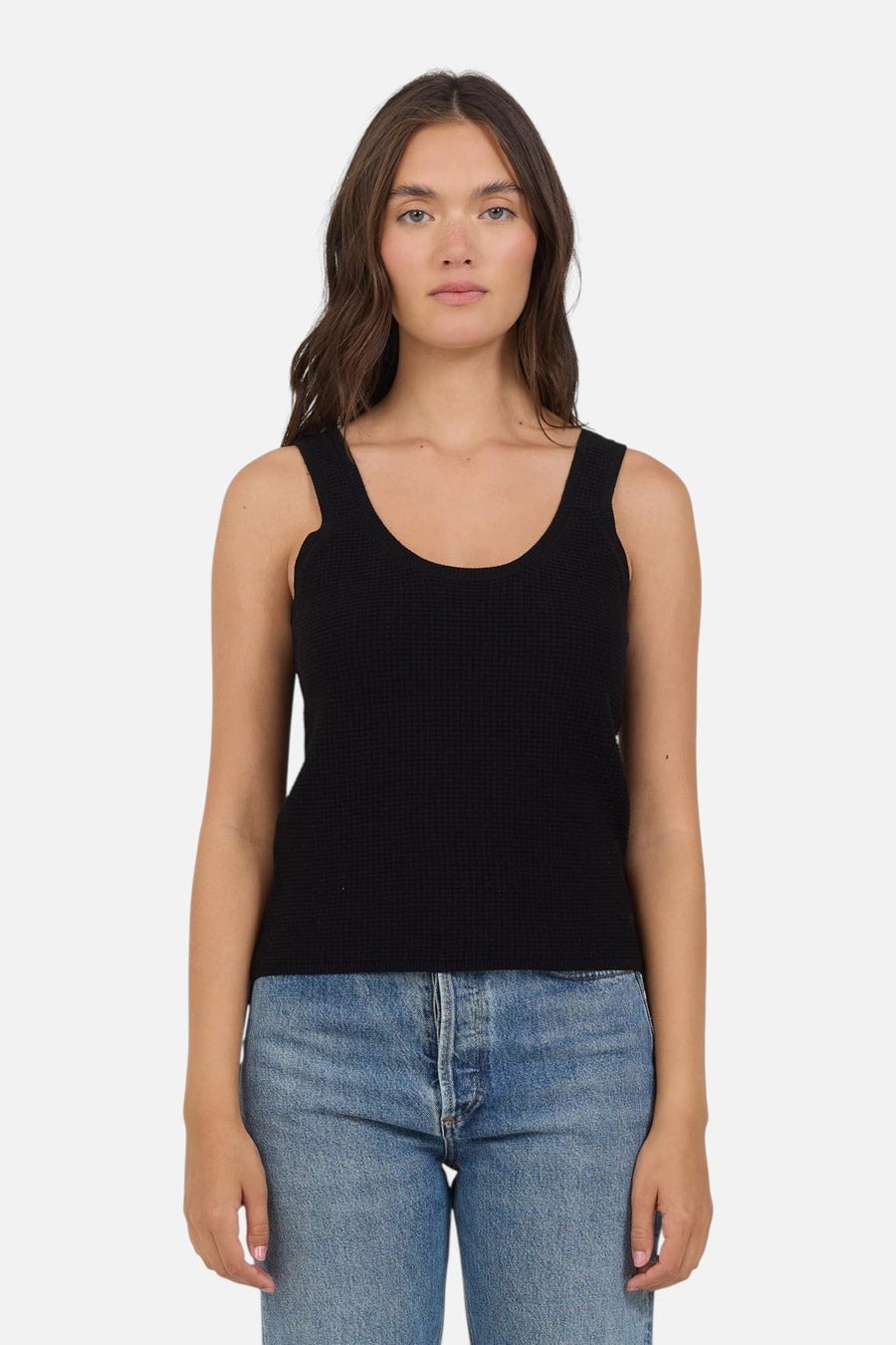 Stitches + Stripes Turner Tank in Black – on model