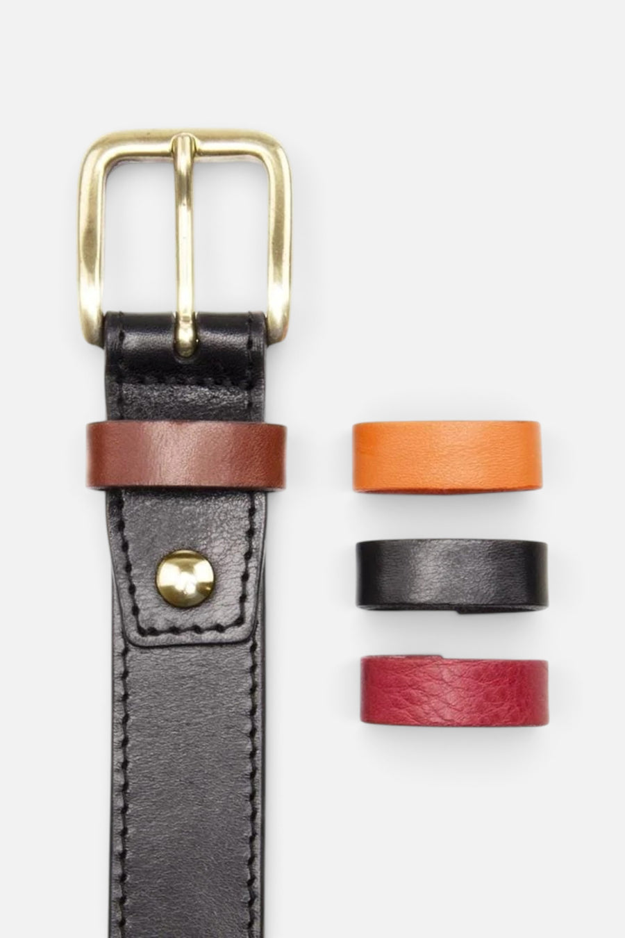 Stolen Riches Black Leather Dress Belt Chicago Screw, Set of 4 Color Interchangeable Keepers – front view
