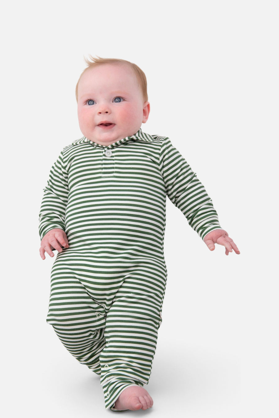 Sweatshirt Polo Romper in Green Stripes – back view