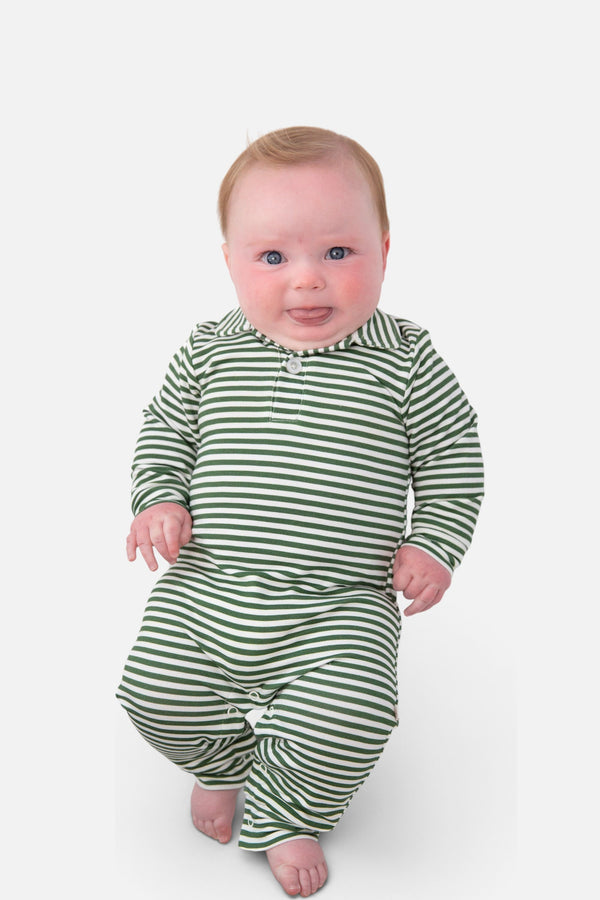 Goosies Sweatshirt Polo Romper in Green Stripes