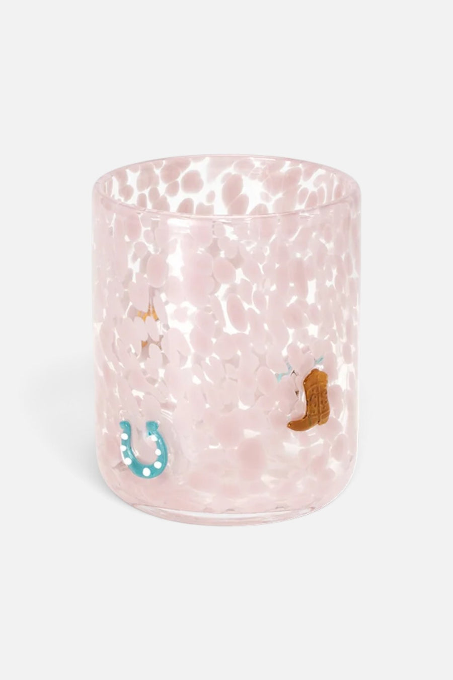 Swig Giddy Up charm glass in pink, detail of hand-pressed western icons.