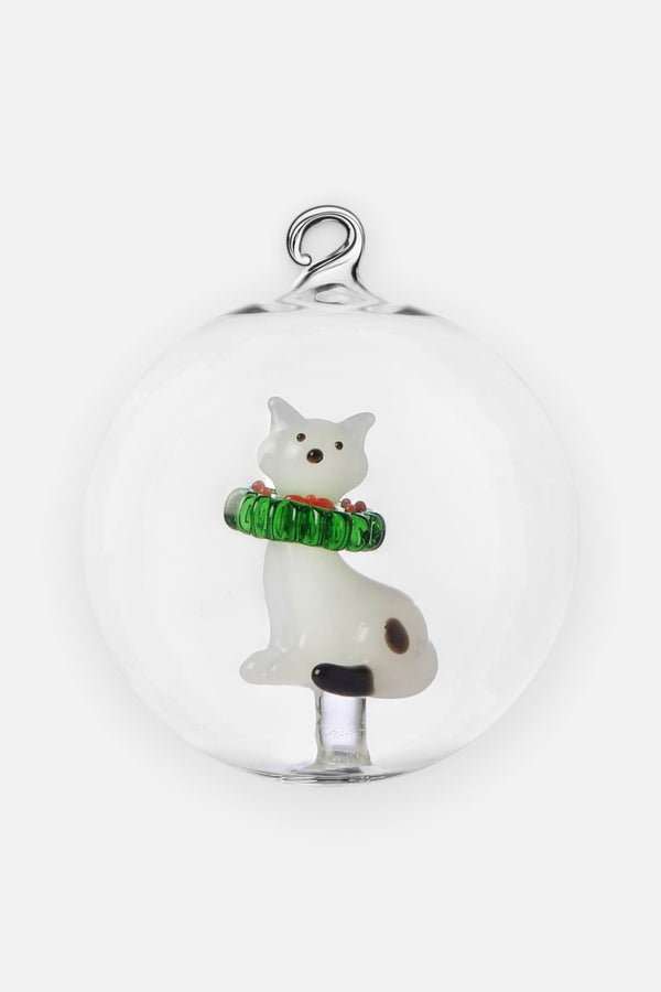 Tabby Cat White Cat with Wreath Glass Ornament