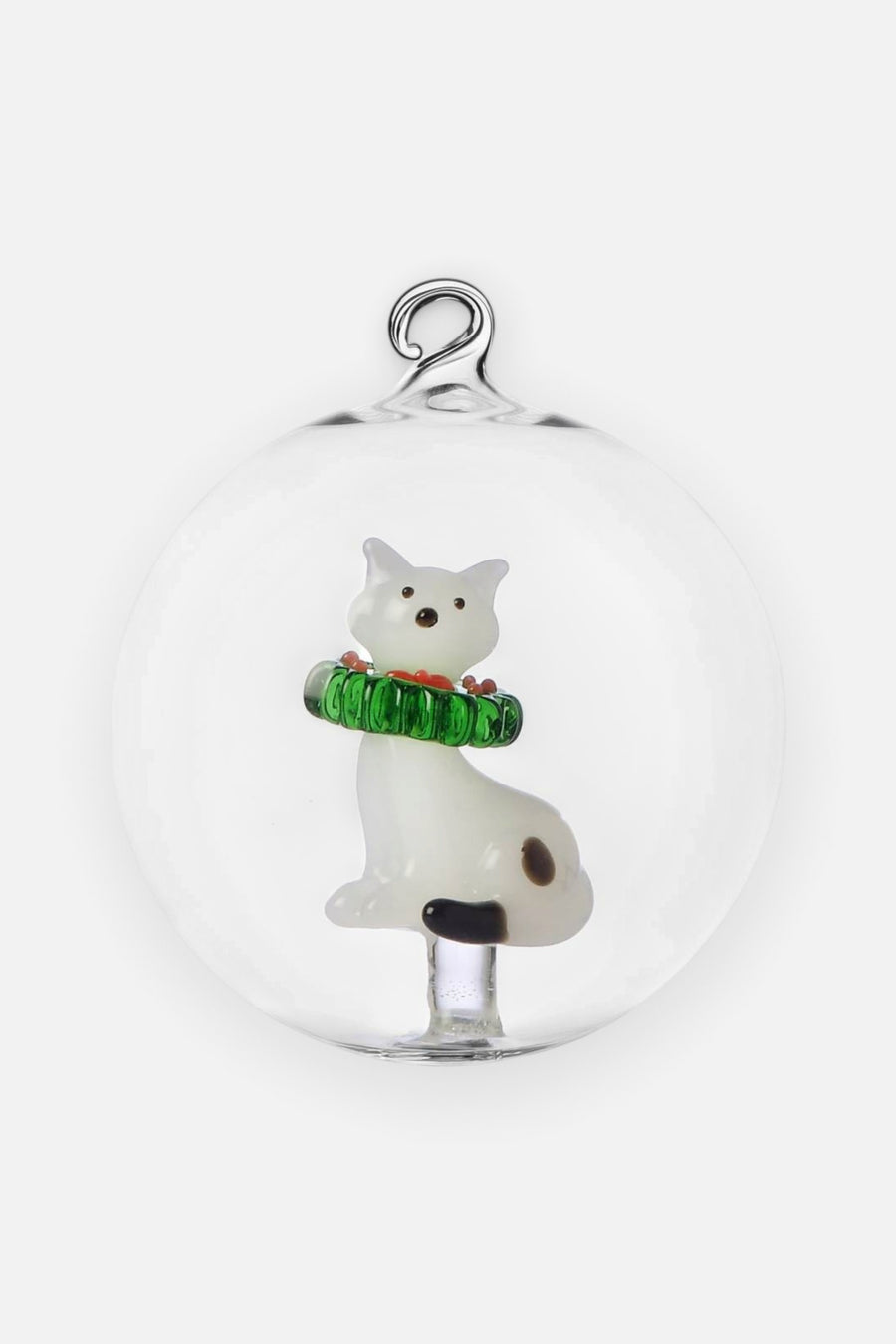 Tabby Cat White Cat with Wreath Glass Ornament – front view