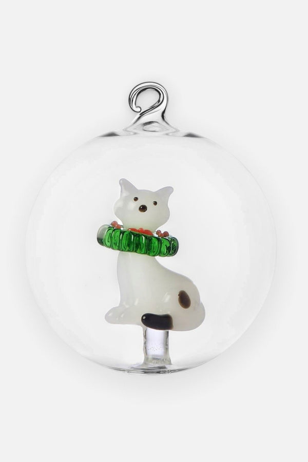 Tabby Cat White Cat with Wreath Glass Ornament