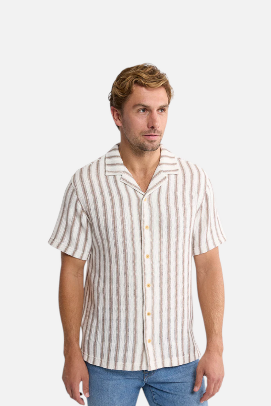 Fair Harbor Waveloom Crochet Shirt in Natural Strip