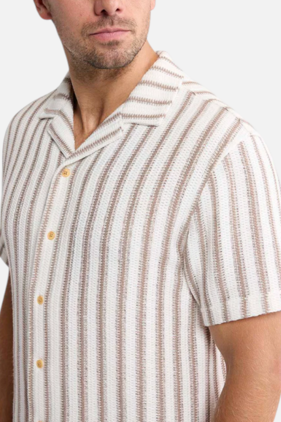 Fair Harbor Waveloom Crochet Shirt in Natural Strip