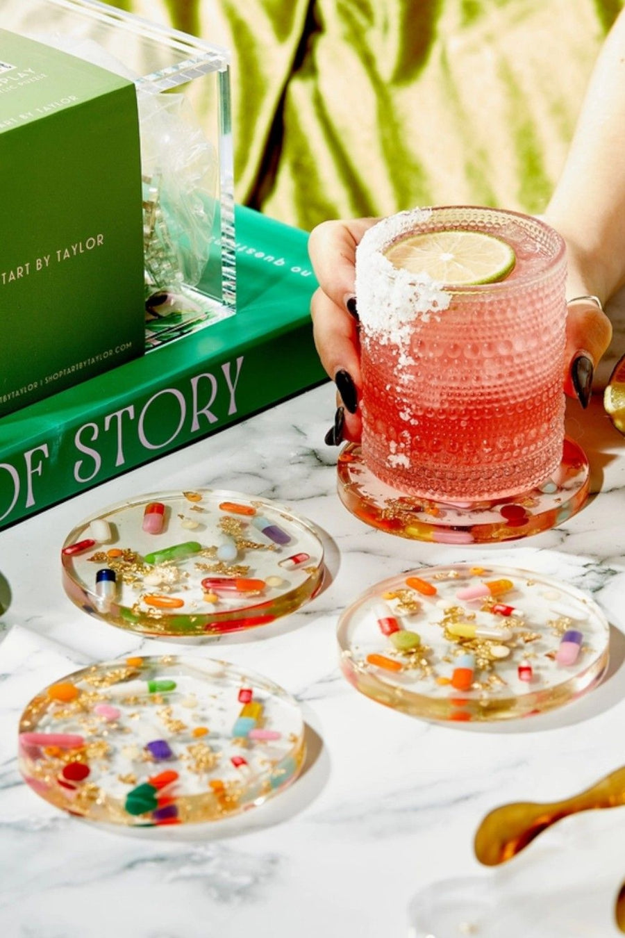 Tart by Taylor Pills + Gold Coasters - Set of 4 – flat lay