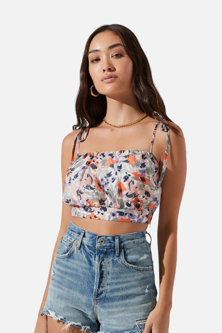Terra Bella Floral Tie Strap Crop Top in Floral Orange – front view