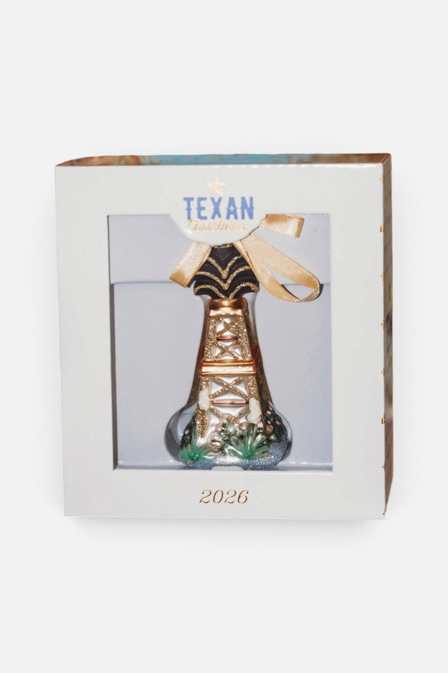 Texan Christmas Oil Derrick Blown Glass Ornament, 2026 Edition – back view