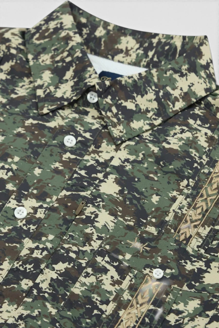 Texas Standard Guayabera Libre Short Sleeve Shirt in Field Camo – flat lay