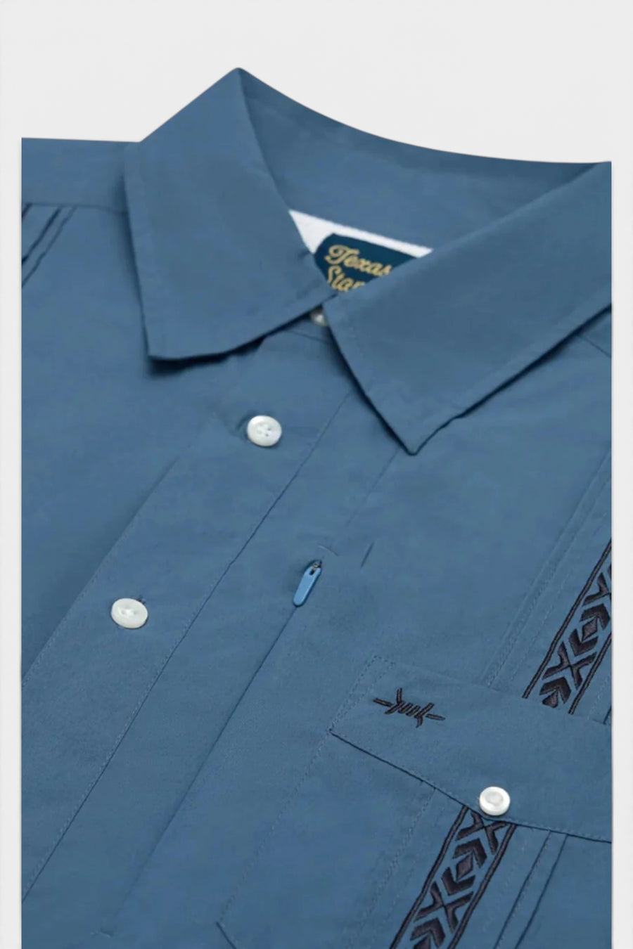Texas Standard Guayabera Libre Short Sleeve Shirt in Frio Blue – side view